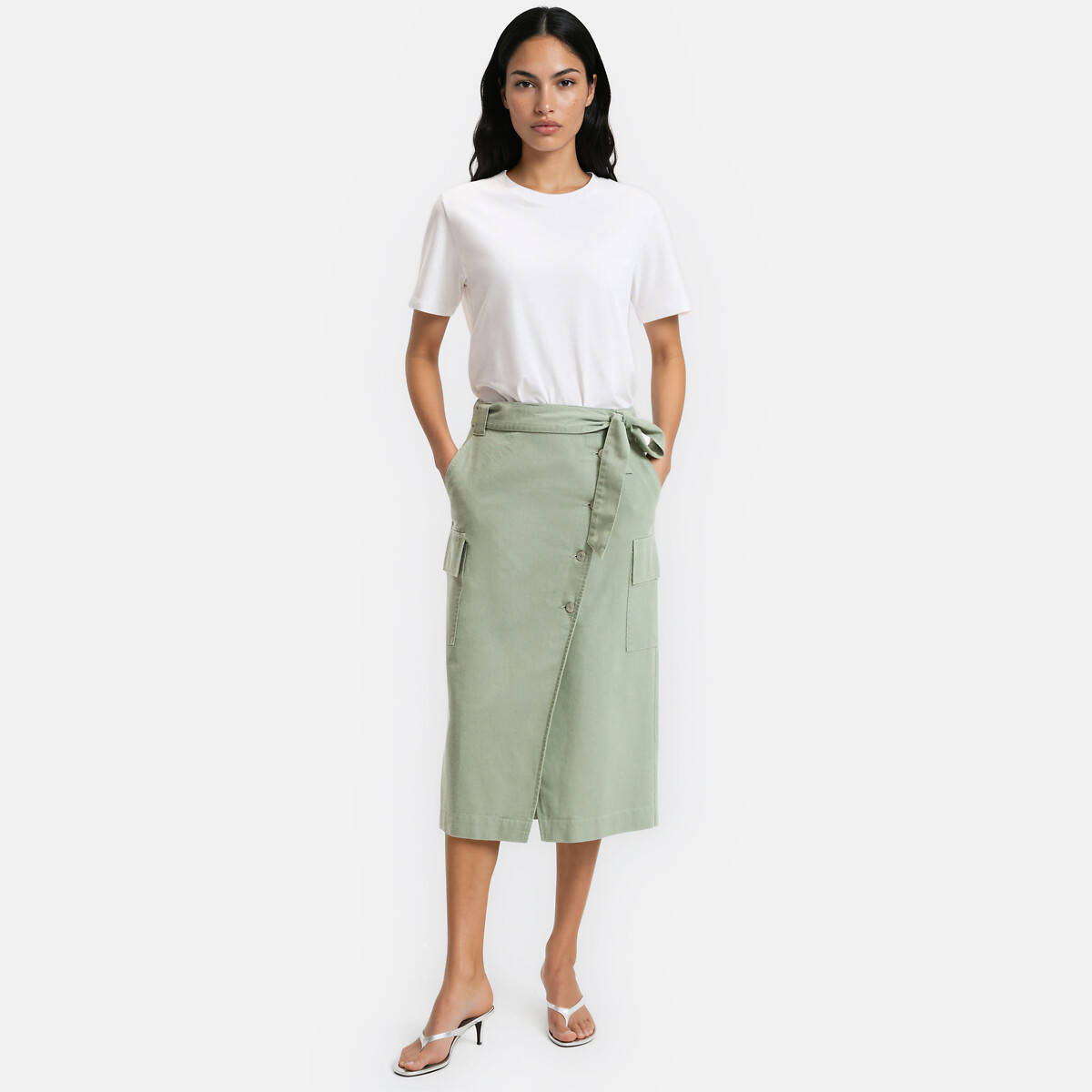 Jupe midi portefeuille en lyocell et coton vert kaki, LA REDOUTE COLLECTIONS