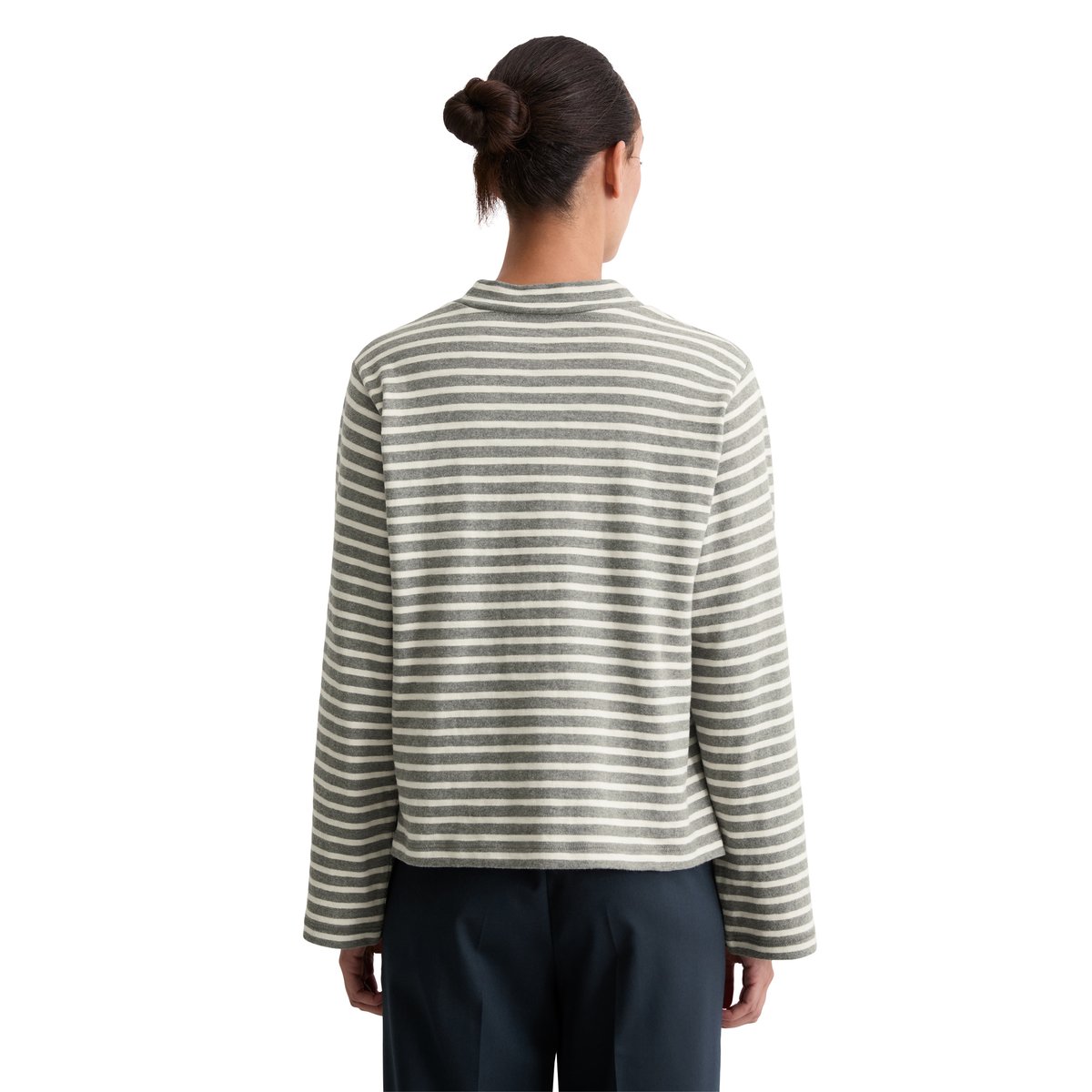 T-shirt long à col roulé rayé regular en jersey heavy slub teint en fil gris foncé, MARC O'POLO