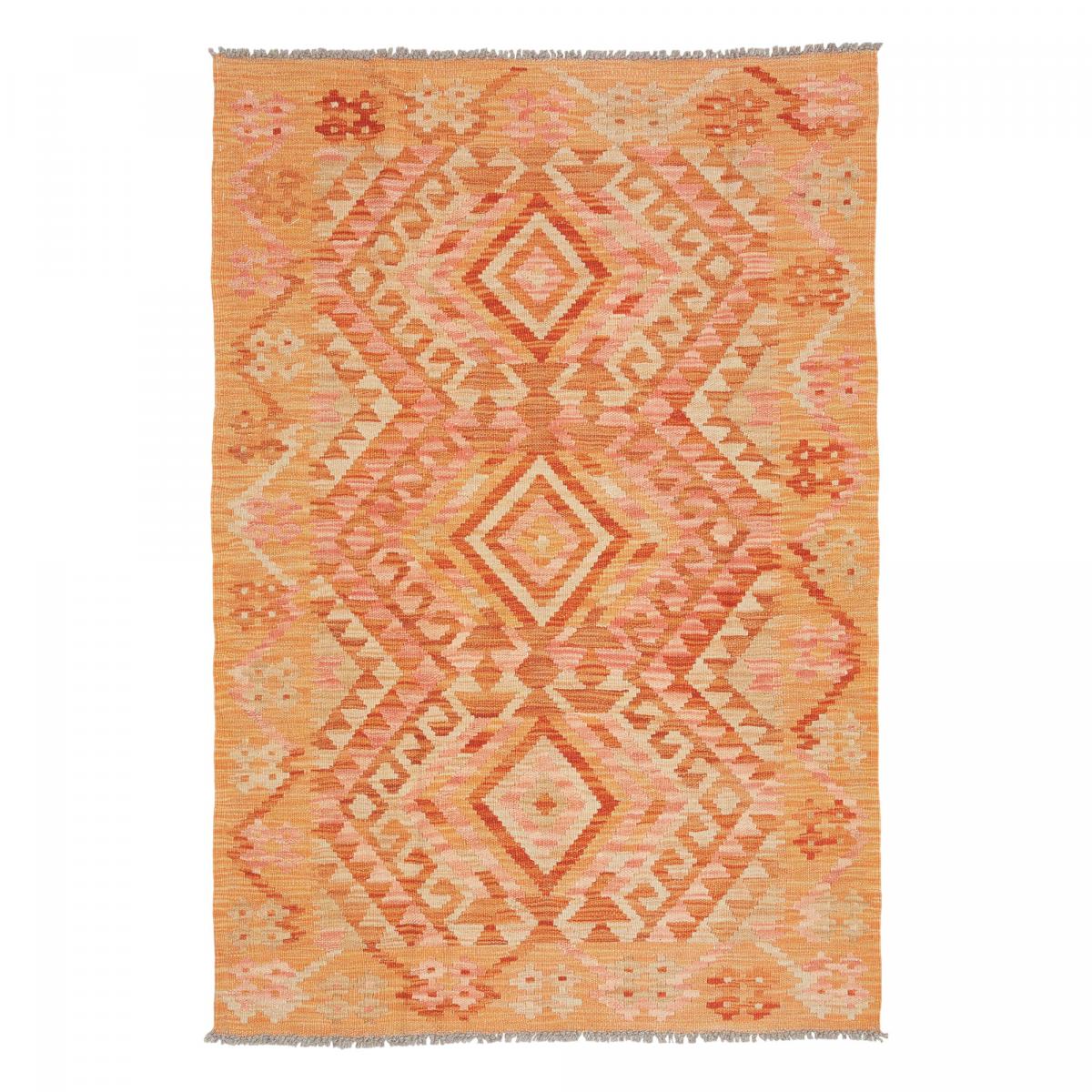 Tapis kilim, motif géométrique, tissé plat en laine, KILIM 37 orange, rose, rouge, UN AMOUR DE TAPIS