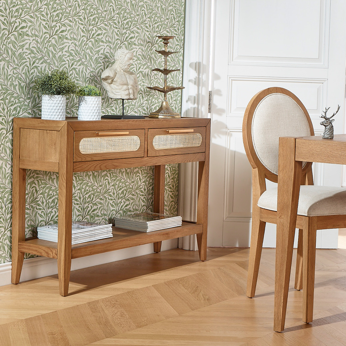 Console style contemporain, plateau en chêne, 2 tiroirs en rotin MONTANA marron, ROBIN DES BOIS