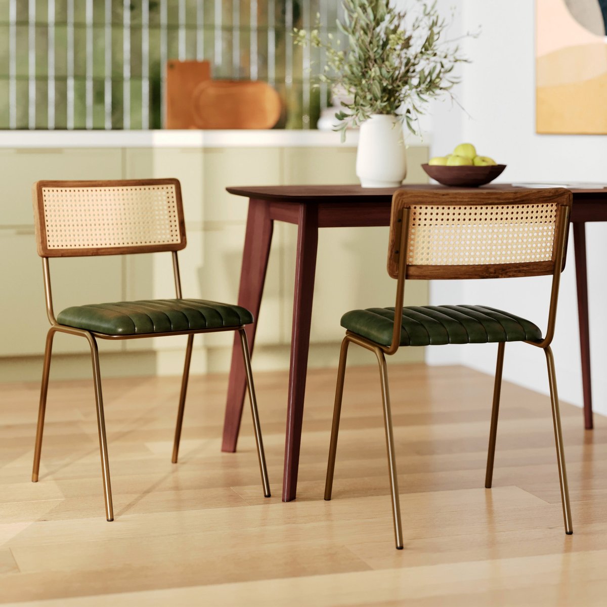 Lot de 2 chaises en cannage et cuir - ARSÈNE vert et métal doré, MAISON PAVANE