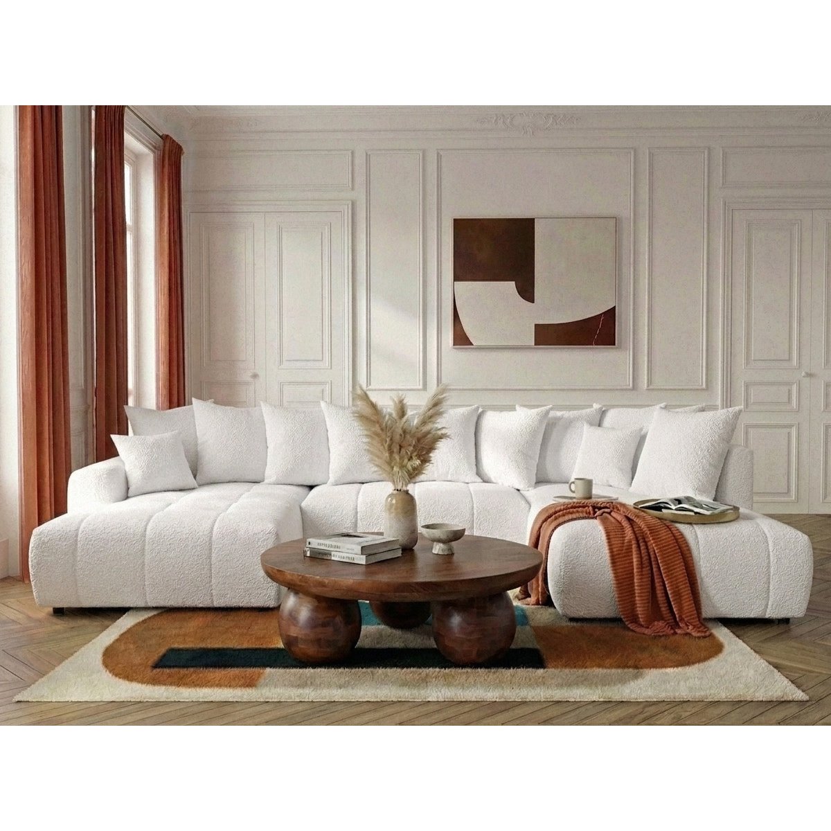 Canapé panoramique convertible 6 places en tissu bouclette, ROXELANE blanc, BOBOCHIC