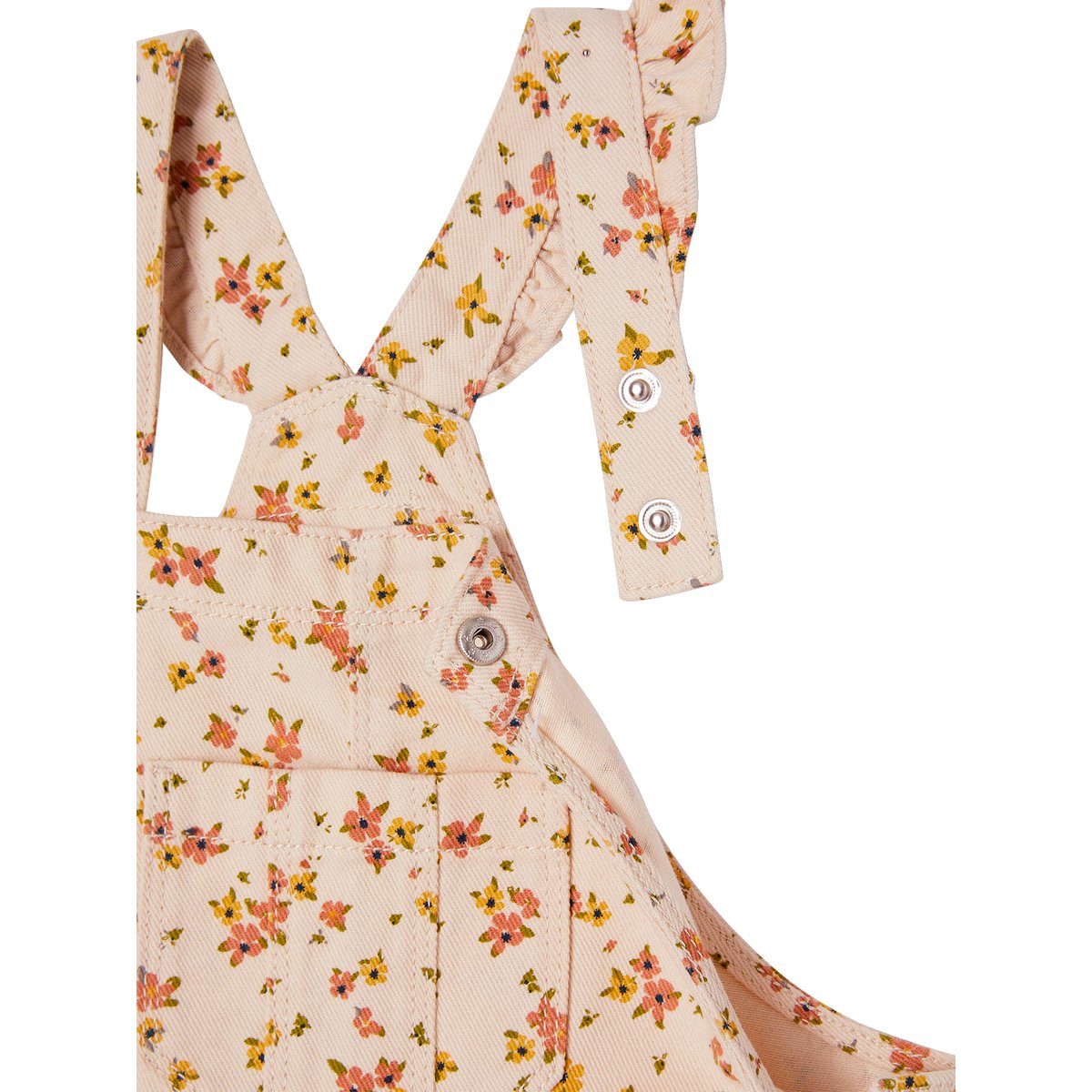 Robe-salopette à fleurs bretelles à volants gris perle, VERTBAUDET