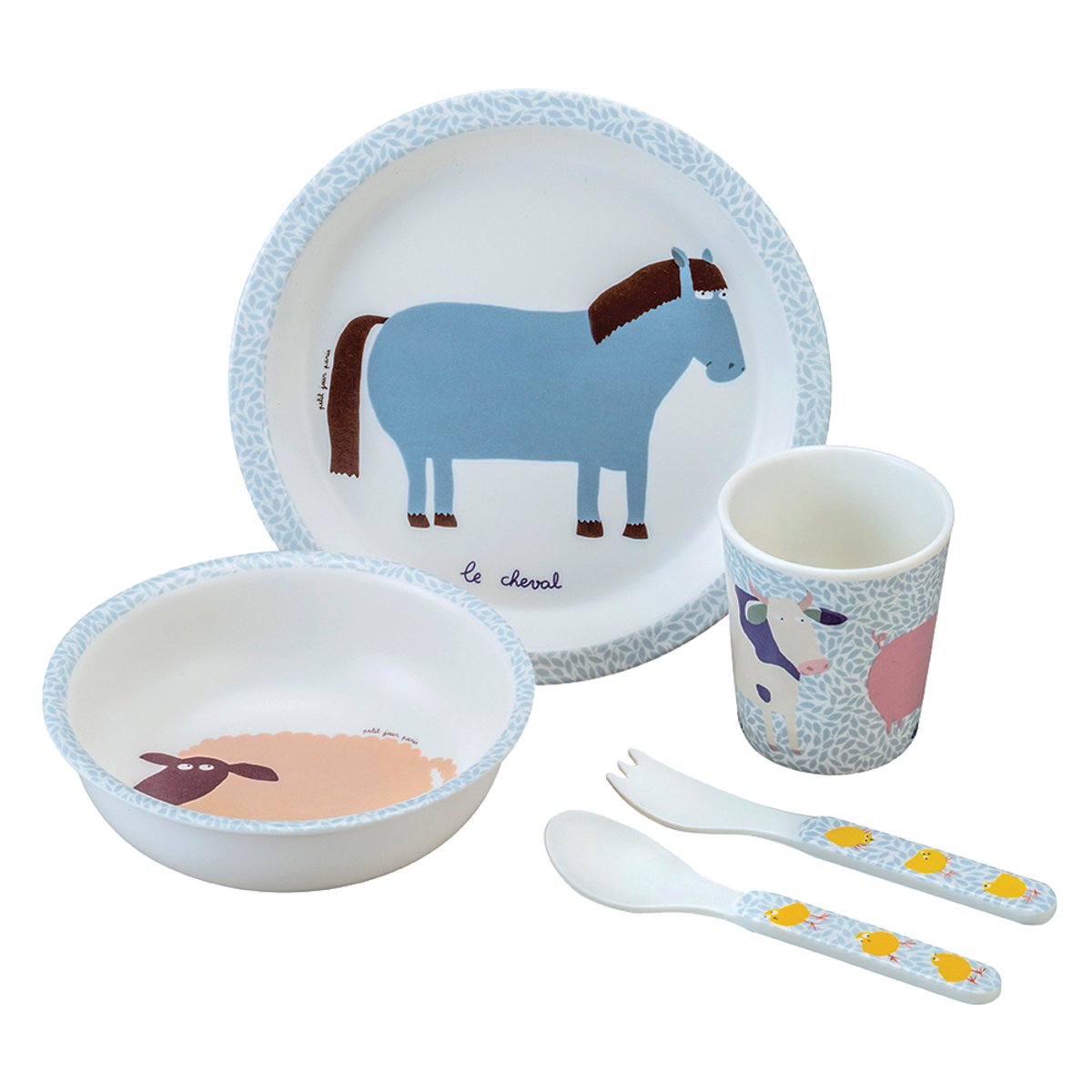 Coffret cadeau 5 pièces LA FERME bleu, jaune, rose., PETIT JOUR