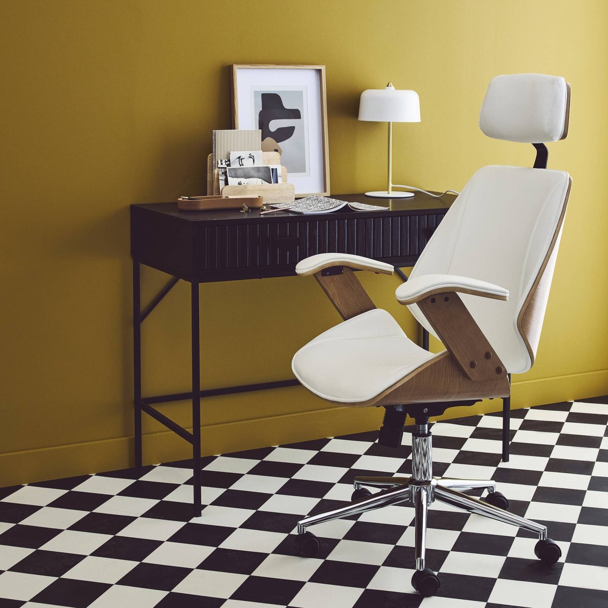 Chaise de bureau à roulettes décor bois courbé et simili cuir MICHAEL blanc, SWEEEK