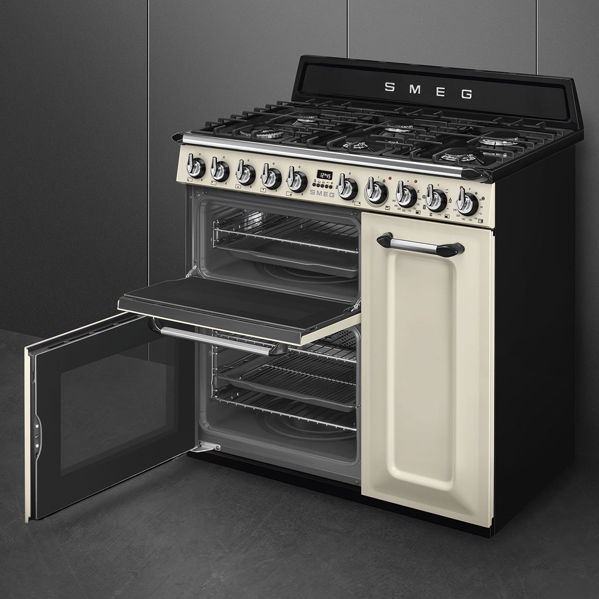 Piano de cuisson gaz 6 feux 90 cm TR93 crème brillant, SMEG