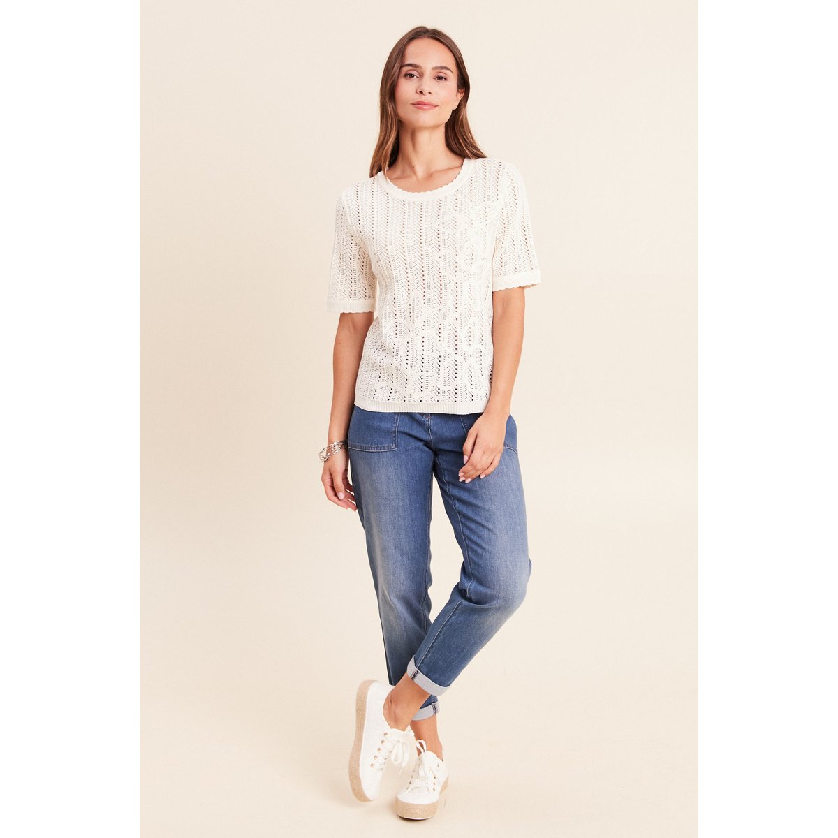 Pull ajouré col rond ecru, BREAL