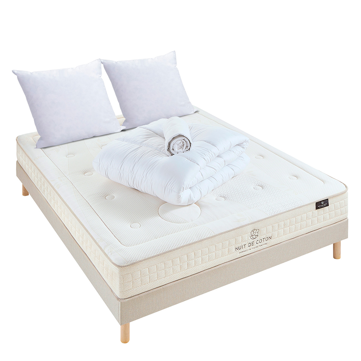 Pack Prélude 2.0 140x200 cm Matelas Latex 100% Naturel + Sommier Bois + Accessoires beige, BELLECOUR