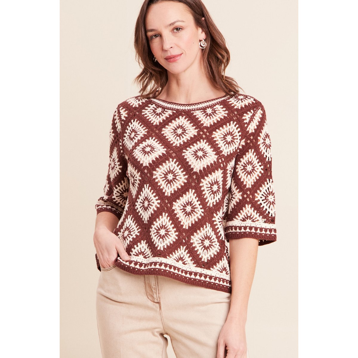 Pull en crochet col rond manches courtes marron, BREAL