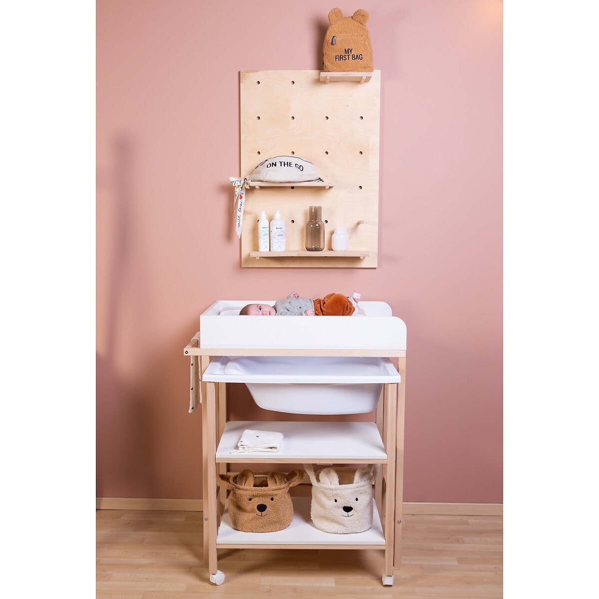 Table à langer et baignoire avec roues en bois blanc/naturel, CHILDHOME