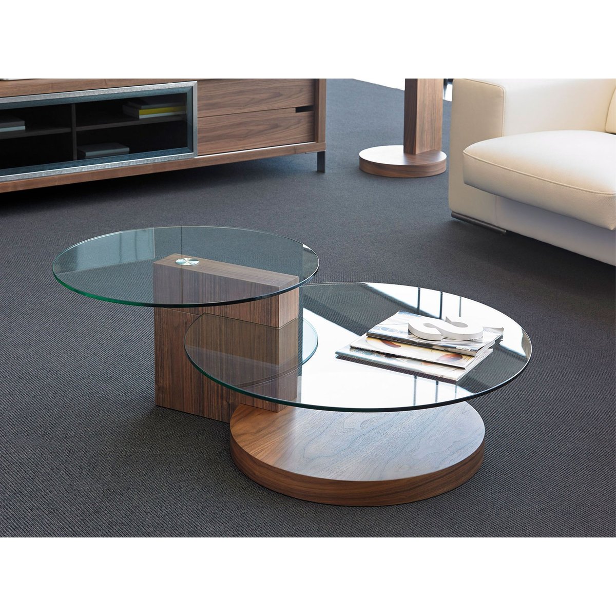 Table basse ronde en verre trempé et noyer verre trempé | noyer, ANGEL CERDA