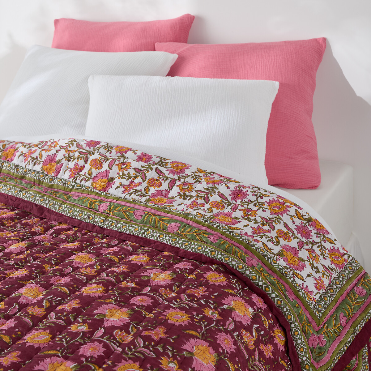 Couvre lit matelassé coton block print, Manassi imprimé fleurs, LA REDOUTE INTERIEURS