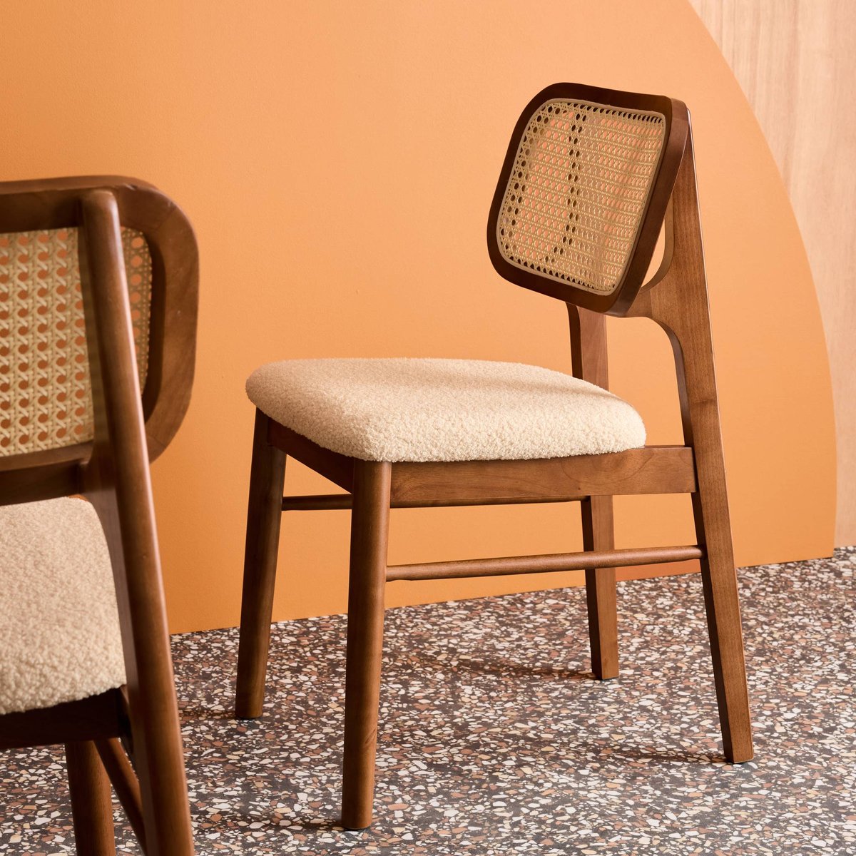 Chaise vintage bois d'hévéa cannage et bouclette (lot de 2) MANI noyer, SWEEEK