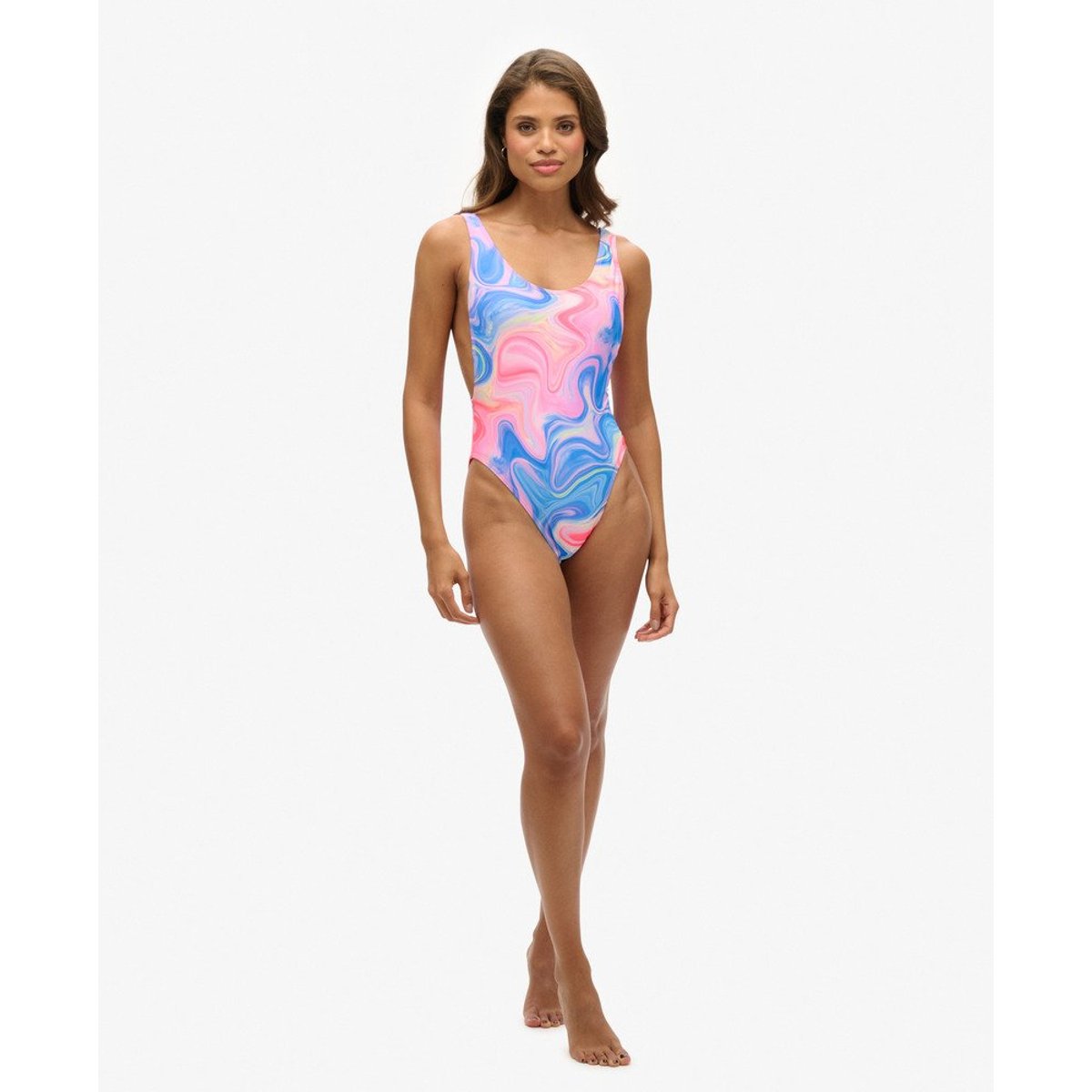 Maillot de bain imprimé à dos échancré marbre multicolore, SUPERDRY