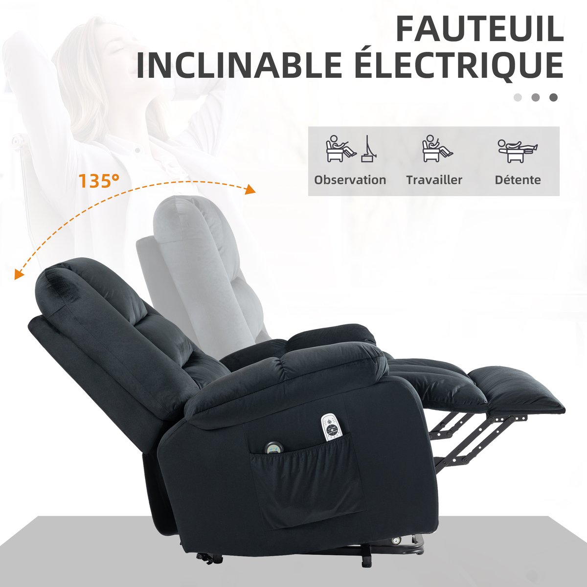 Fauteuil releveur multifonctionnel Tissu noir, HOMCOM