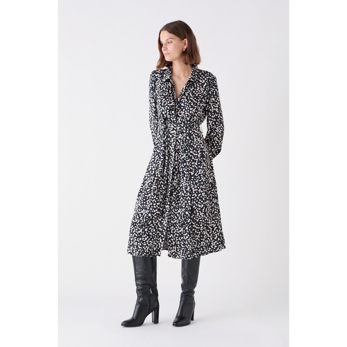 Robe évasée col chemise RILESTA noir, CAROLL