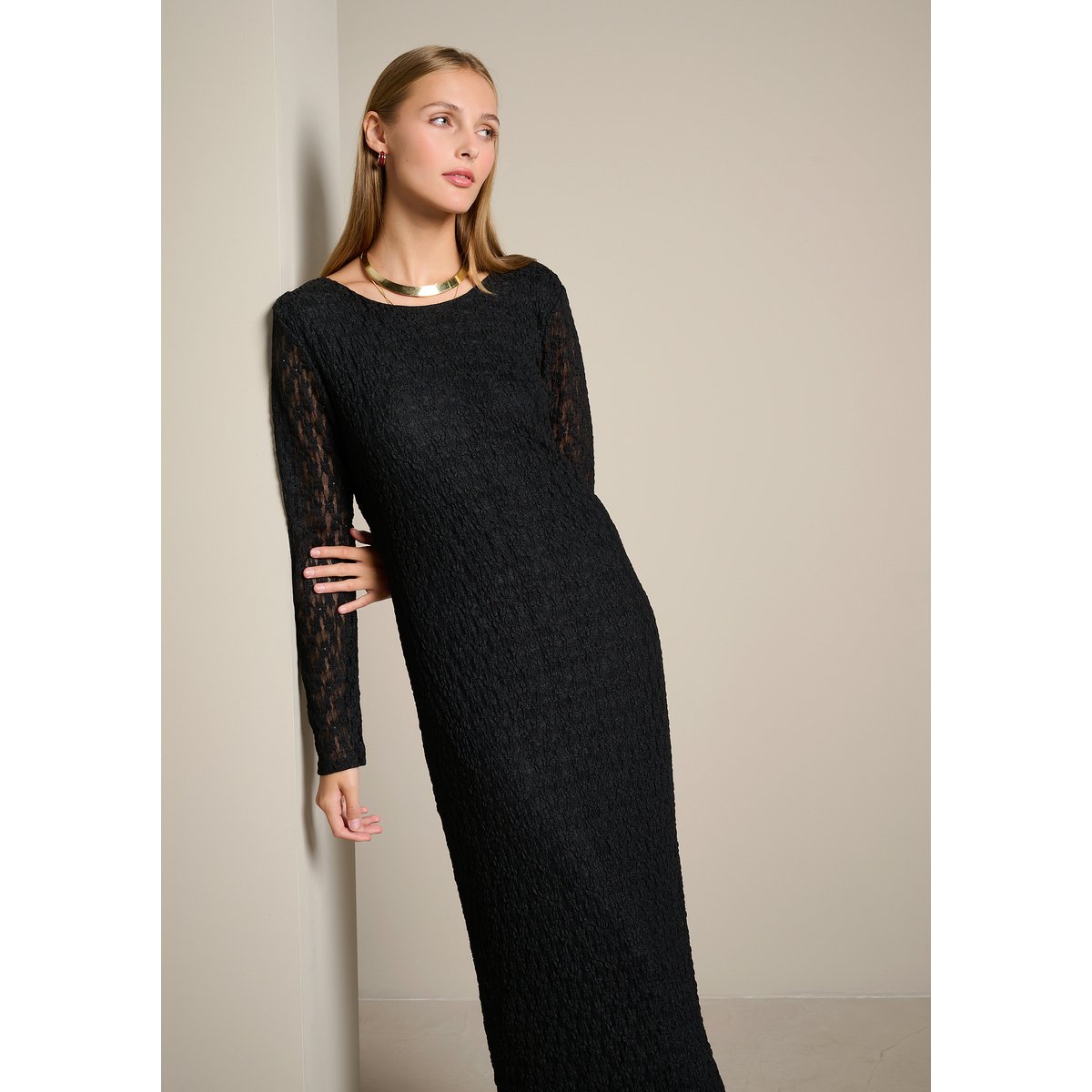 Robe maxi en dentelle dos ouvert noir, LOLALIZA