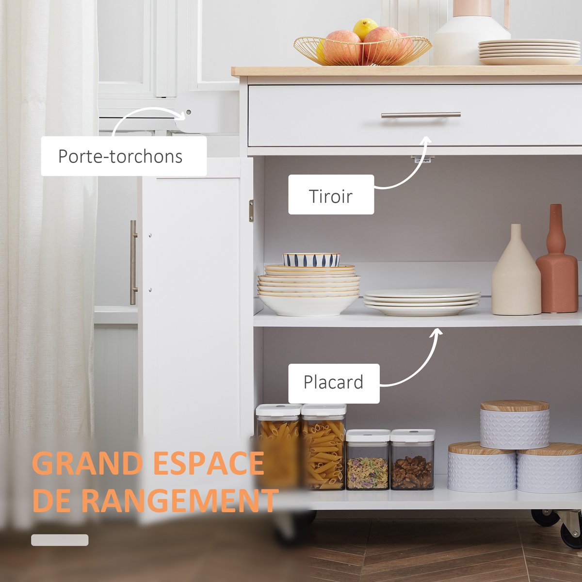 Îlot de cuisine MDF Blanc blanc et bois naturel, HOMCOM