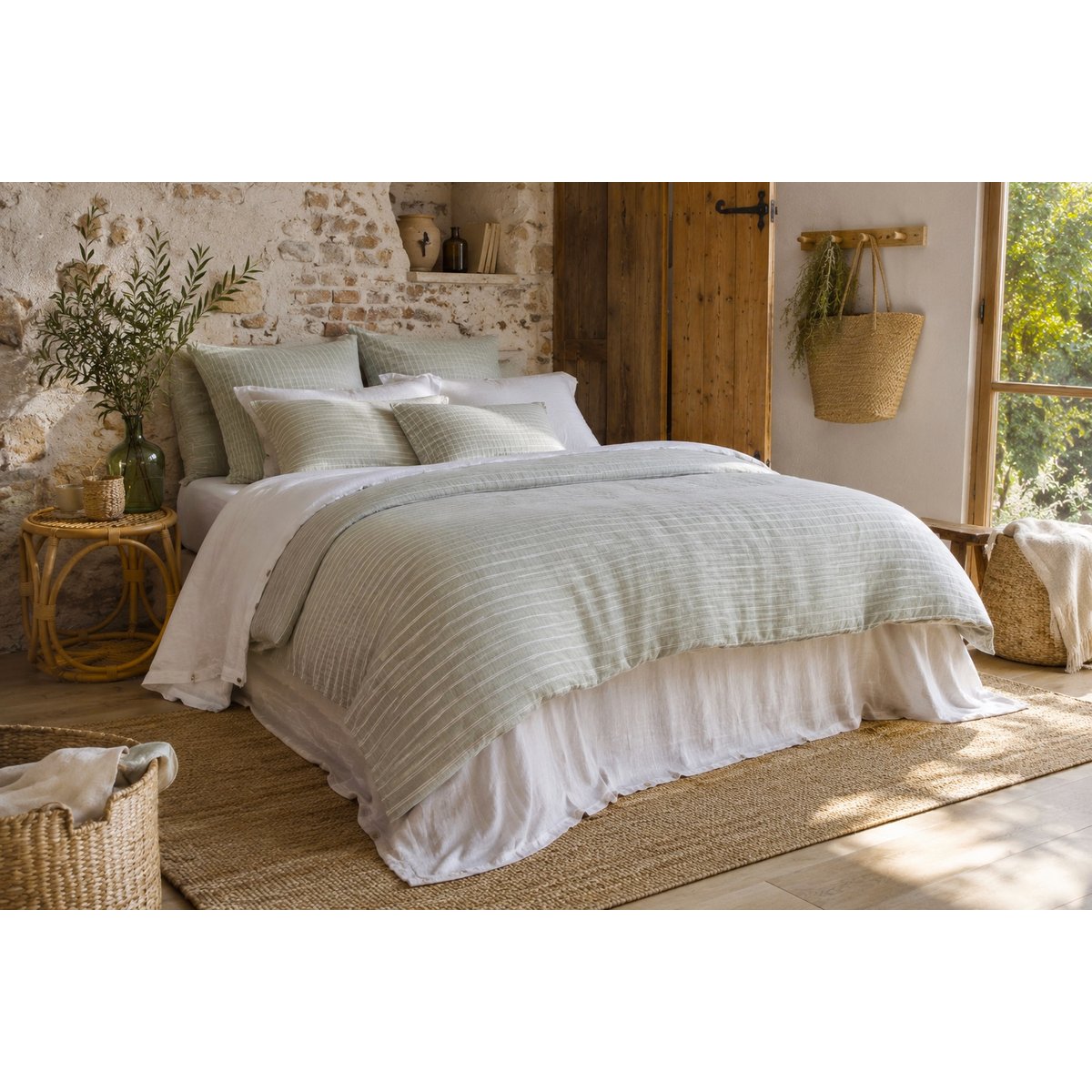 Bout de lit texturé coton et percale Teo vert, EDEN
