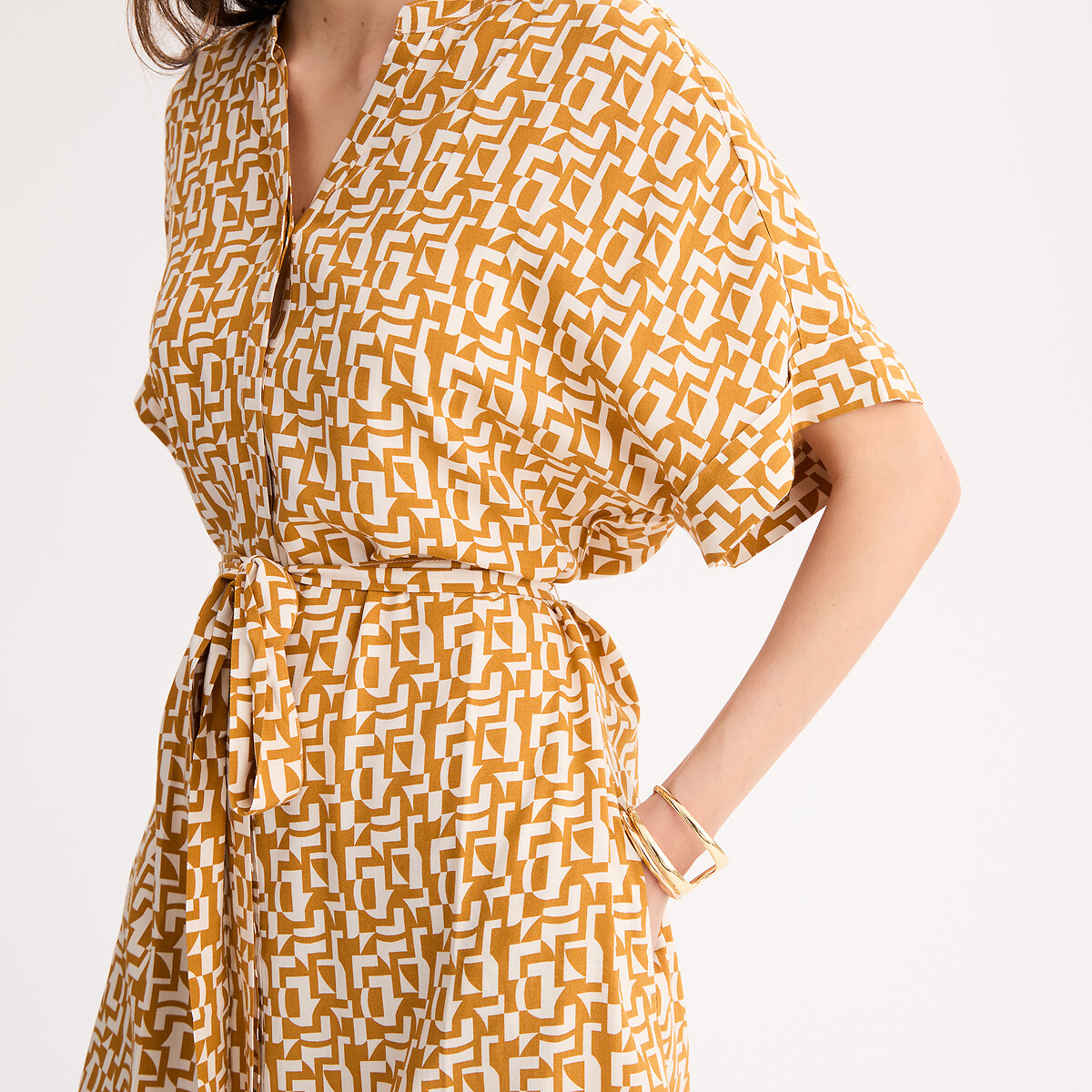 Robe évasée, imprimé graphique, longueur midi, manches courtes imprimé ocre, ANNE WEYBURN