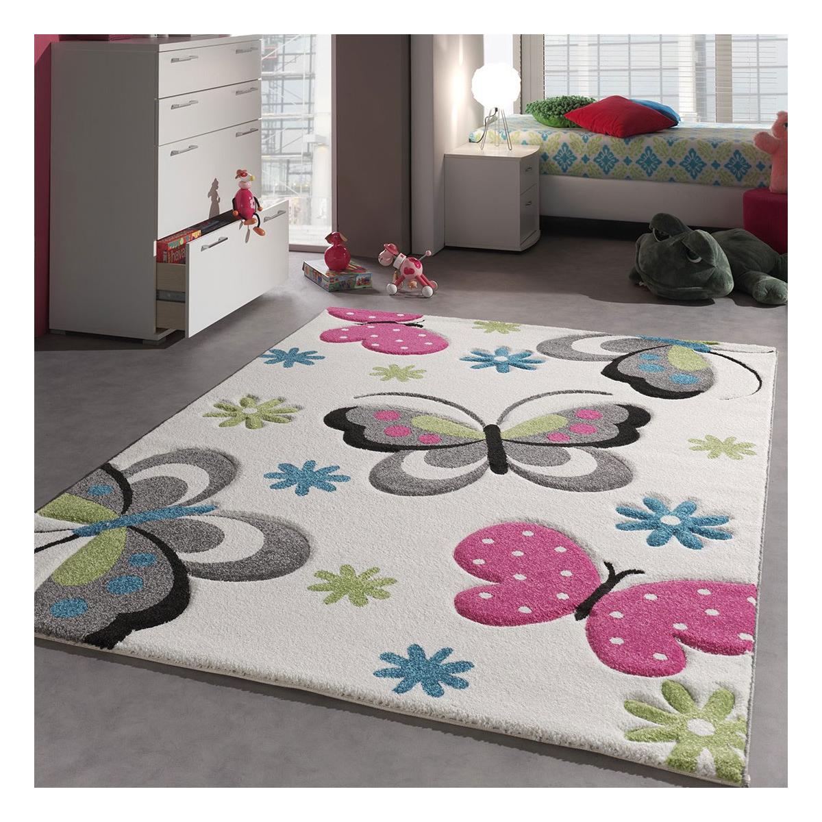 Tapis salon et chambre tissé motif animaux BUTERFLY crème, UN AMOUR DE TAPIS