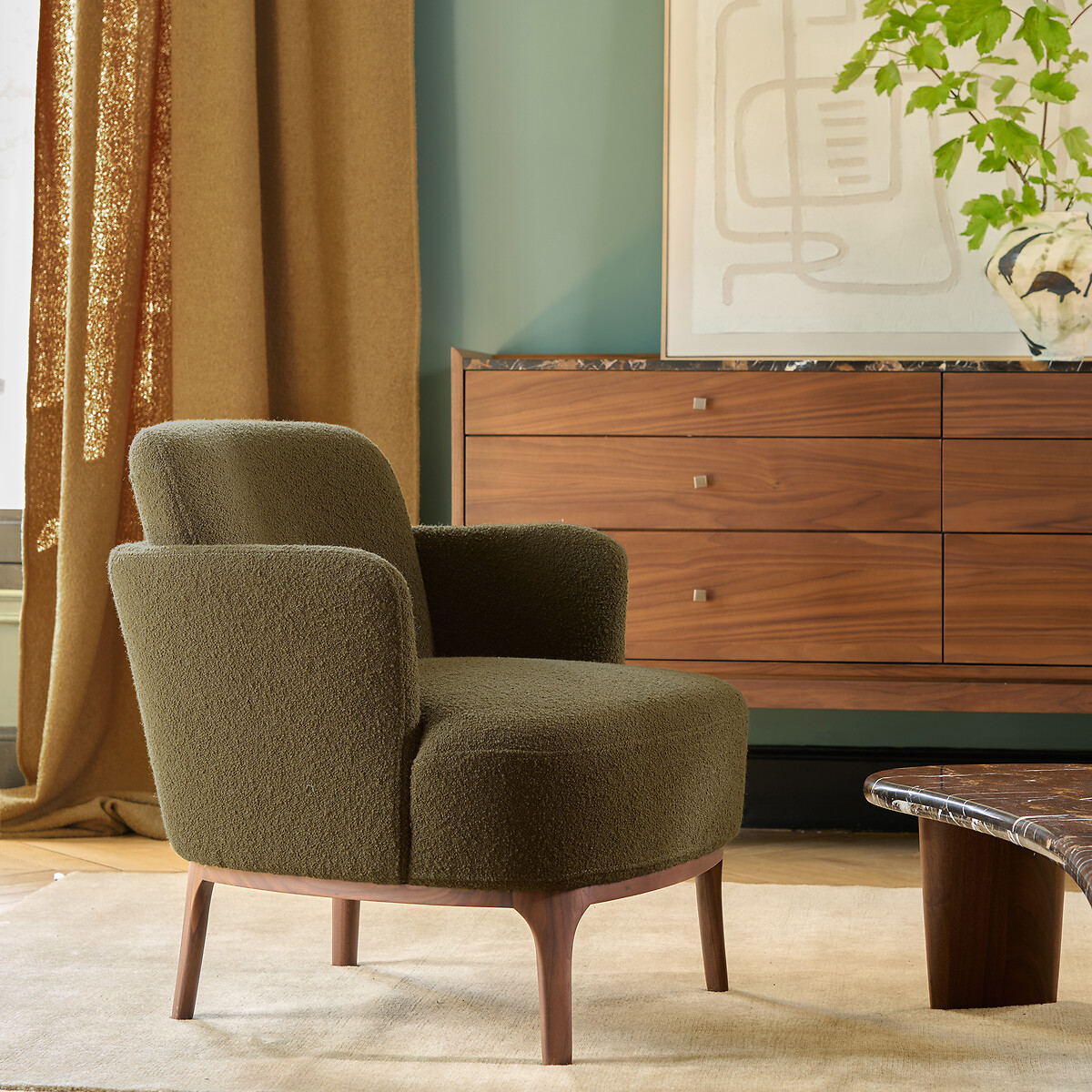 Fauteuil pied noyer et bouclette, Jabote kaki, AM.PM