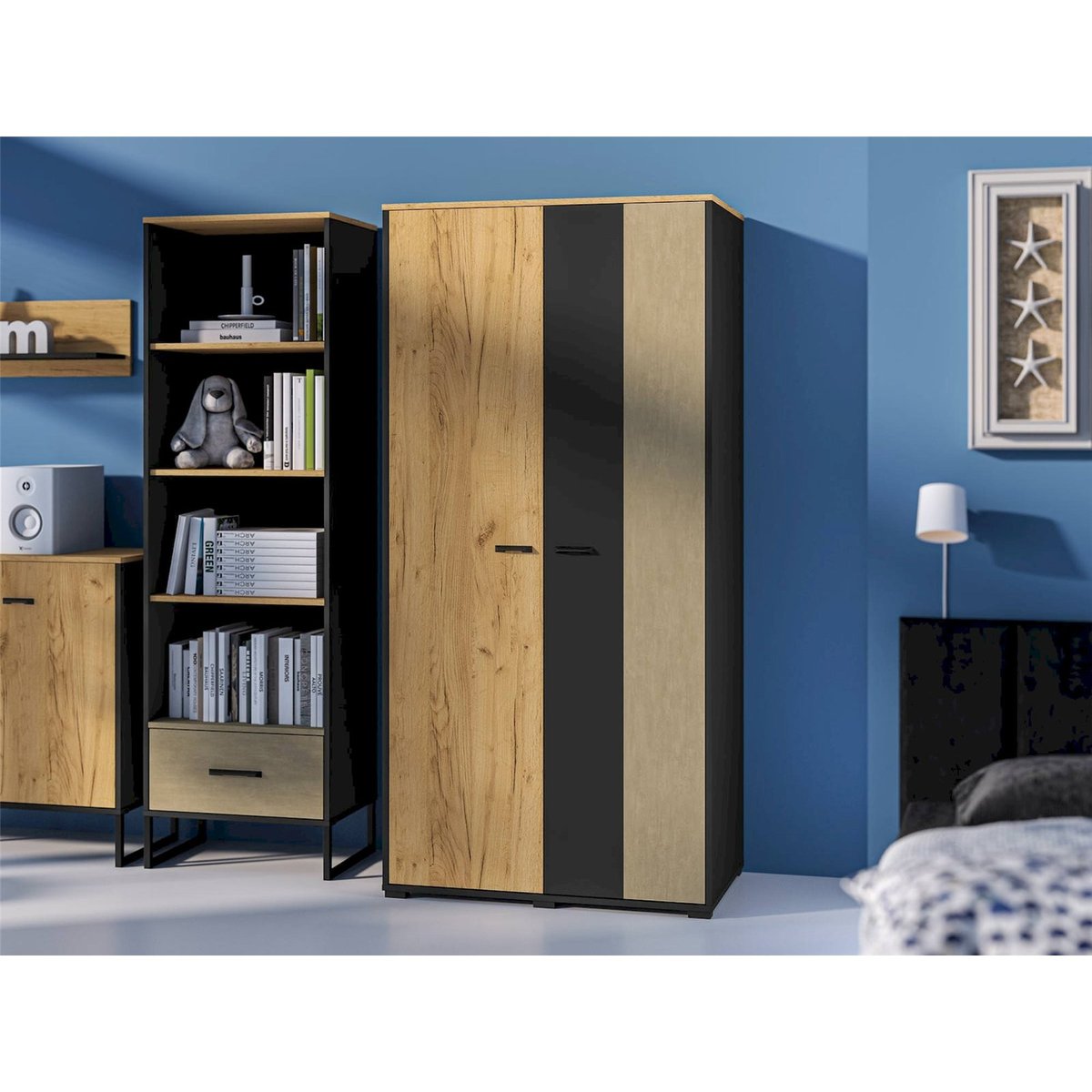 Armoire ado 2 portes collection COLT chêne craft doré, noir et acier, RECOLLECTION