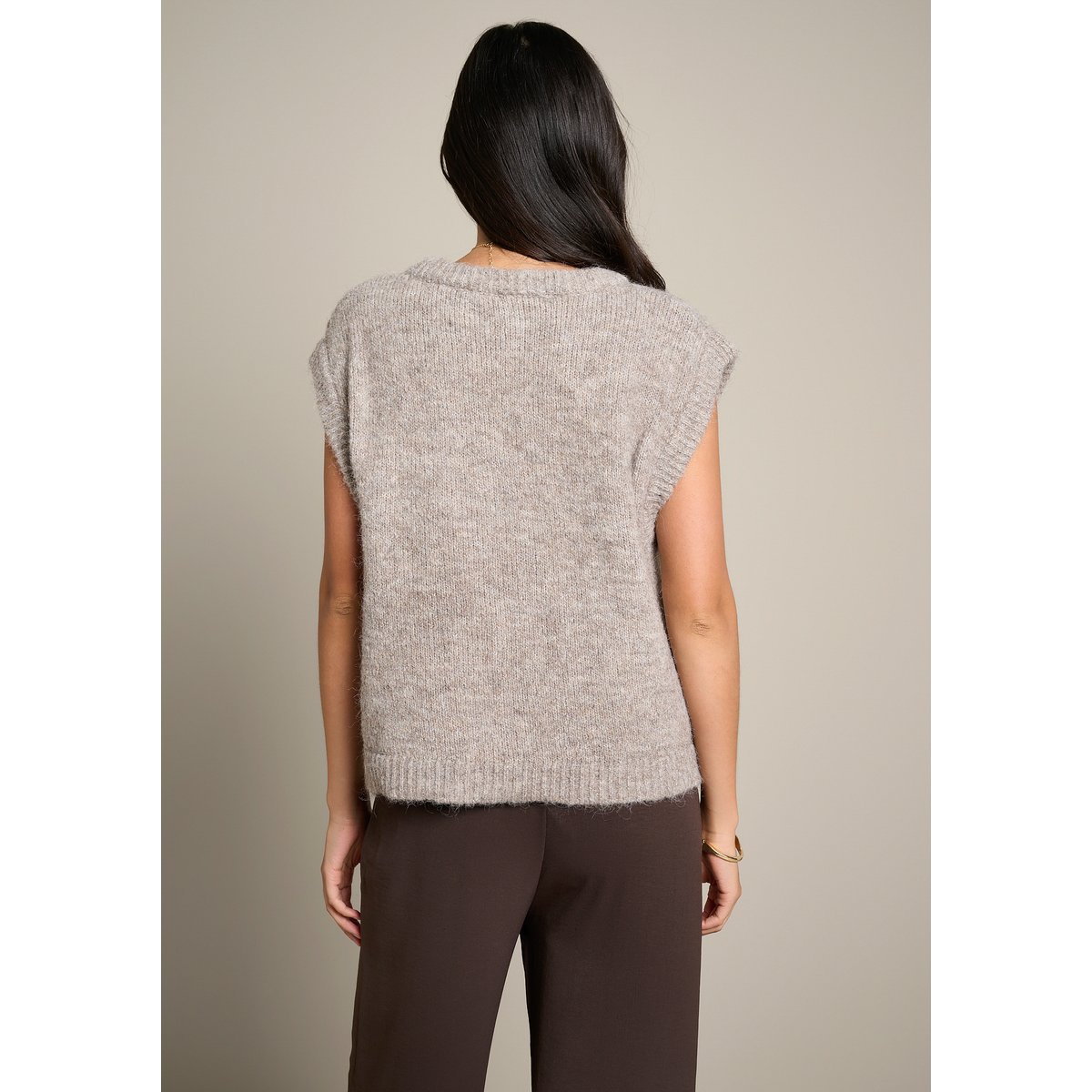Cardigan sans manches col V taupe, LOLALIZA
