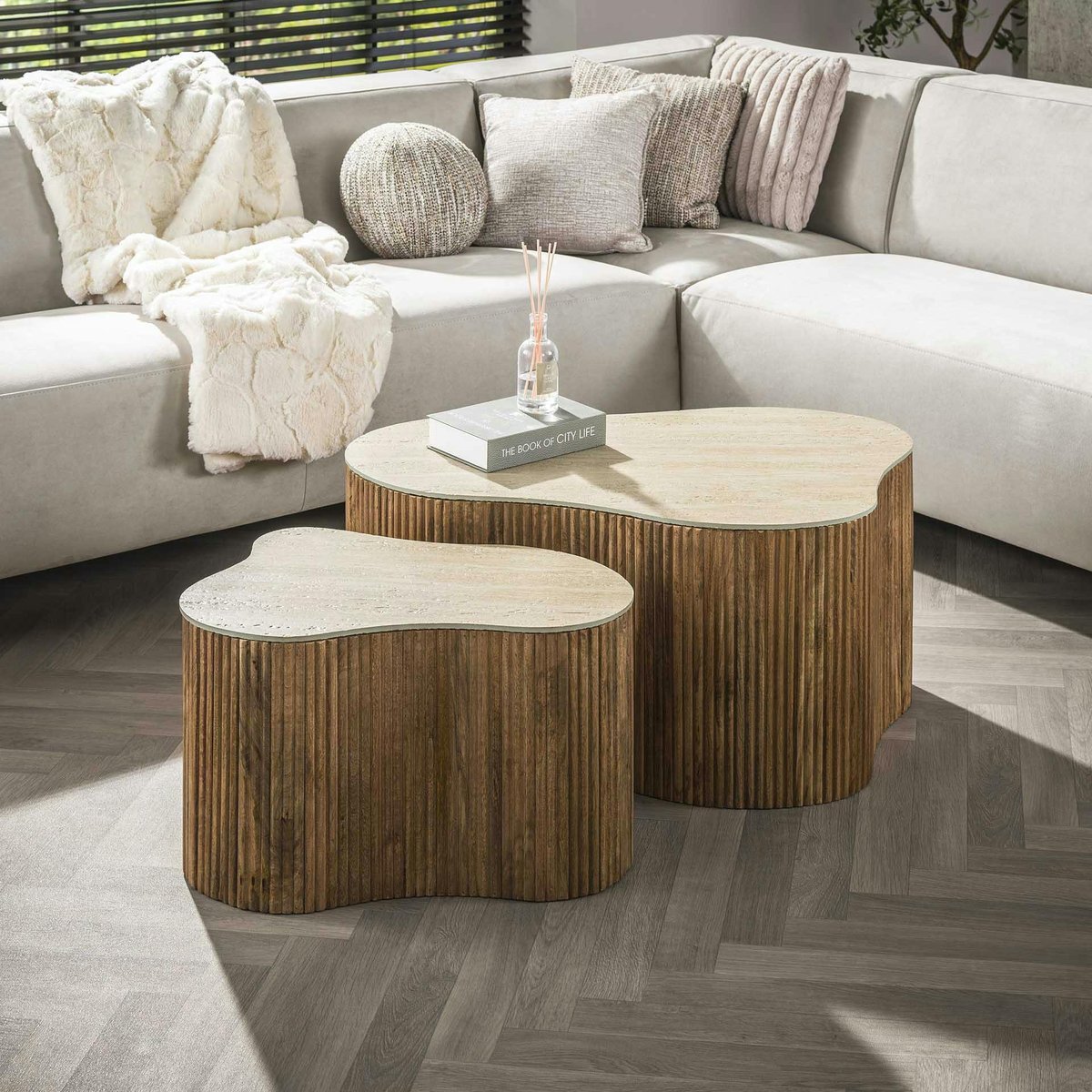 Table basse design organique effet travertin 3D (x2) ASCOLI beige, PIER IMPORT