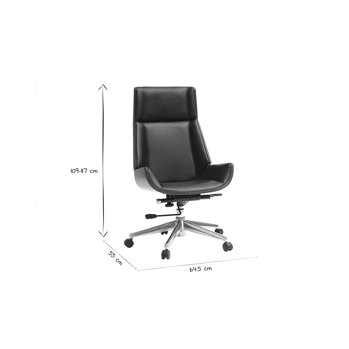 Fauteuil de bureau de direction design en tissu effet velours texturé beige, bois foncé et acier chromé CURVED noyer / noir, MILIBOO