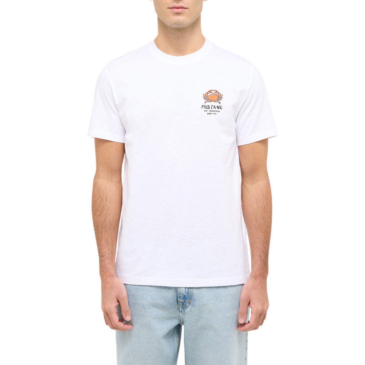 T-shirt en coton blanc uni avec un petit crabe imprimé et à col rond blanc, MUSTANG