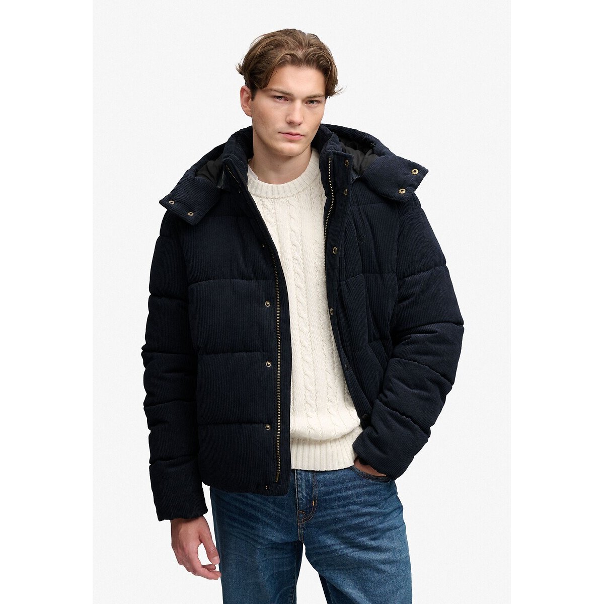 Piumino con cappuccio, in velluto a coste blu marino, SUPERDRY