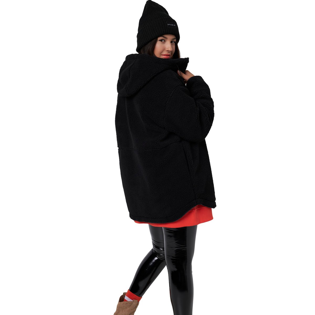 Veste en polaire bouclée, oversized, capuche noir, STUDIO UNTOLD
