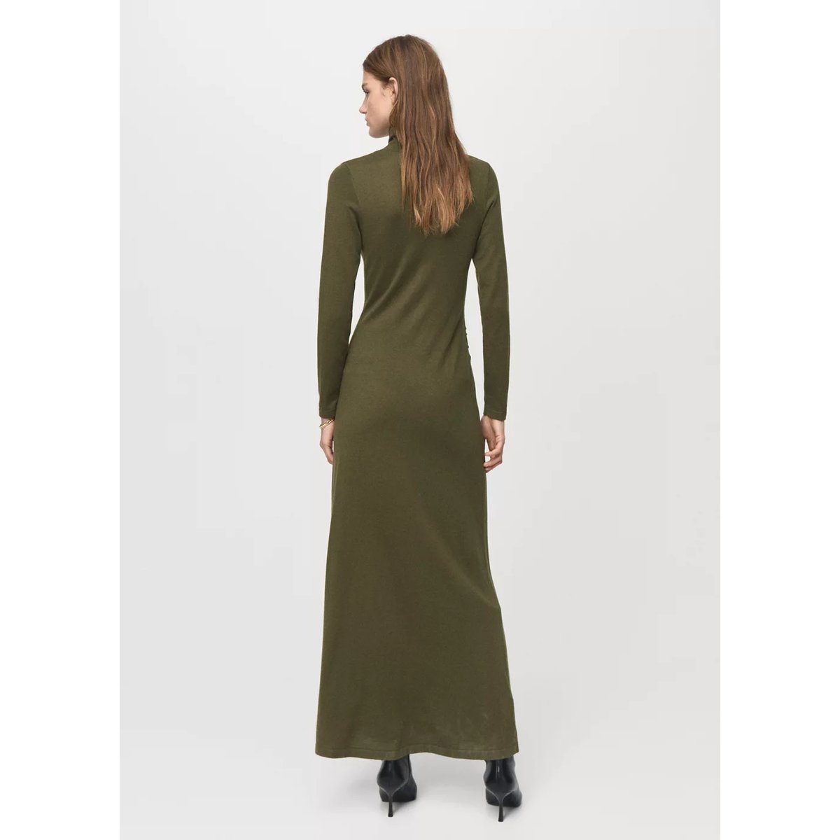 Robe maille col montant broche kaki, MANGO