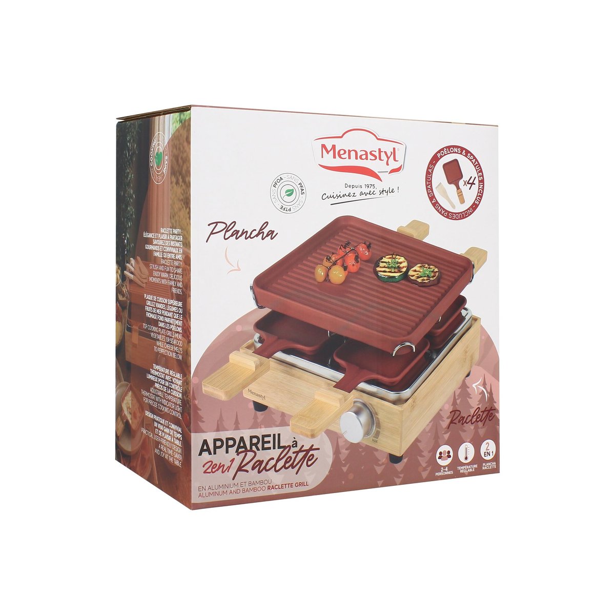 Appareil à raclette 4 personnes naturel-noir-terracotta, MENASTYL