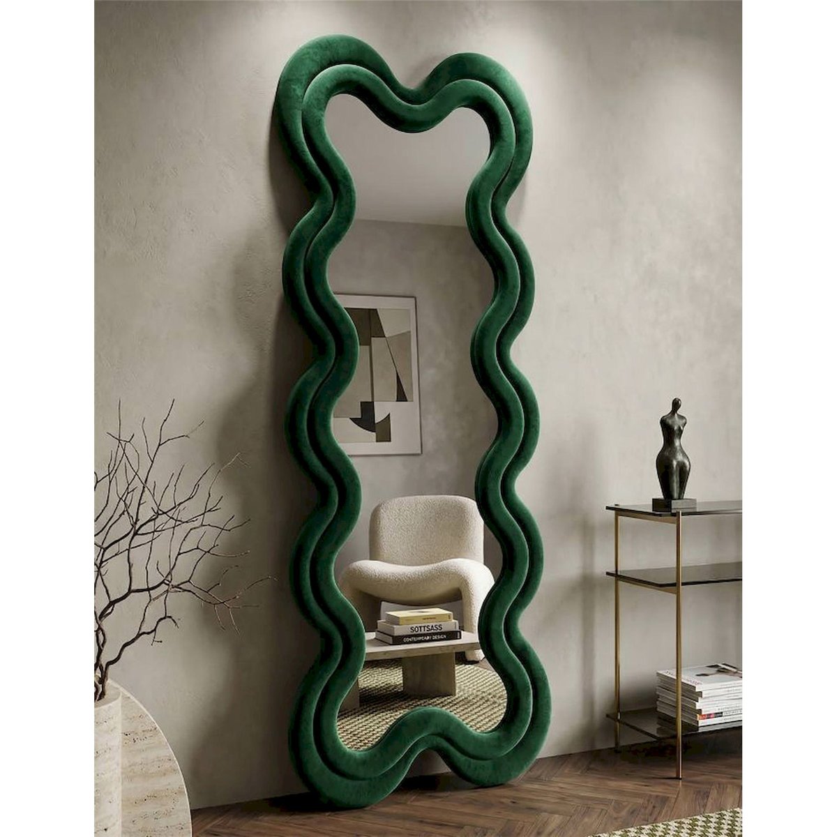 Miroir mural ondulé cadre en velours GLAM vert, RECOLLECTION
