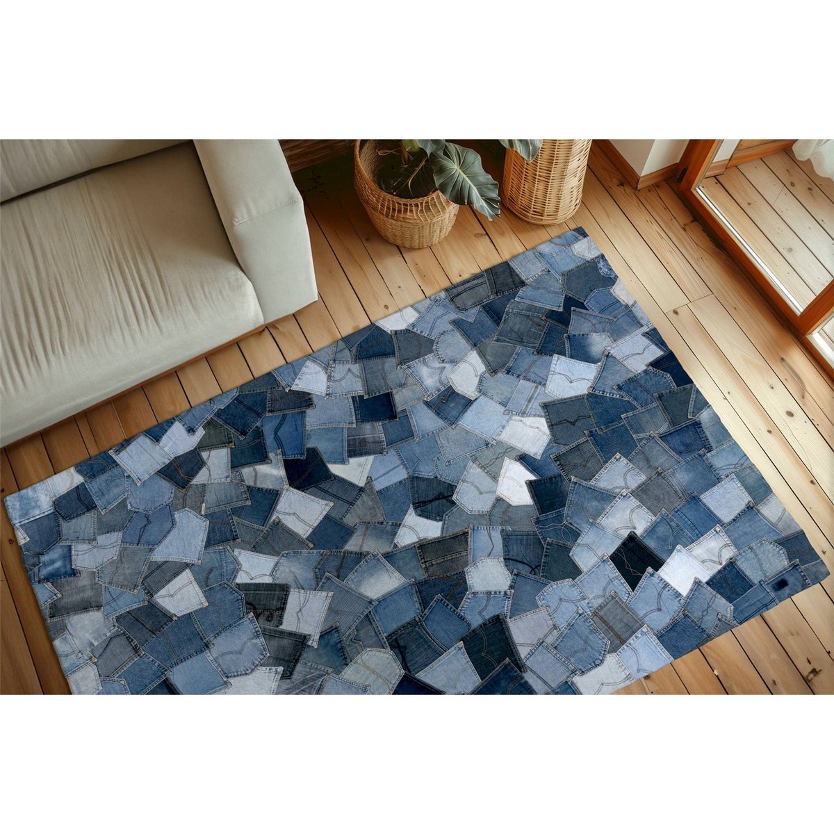 Tapis rectangulaire en coton cousu main bleu denim patchwork nuances claires et foncées, ARTE ESPINA