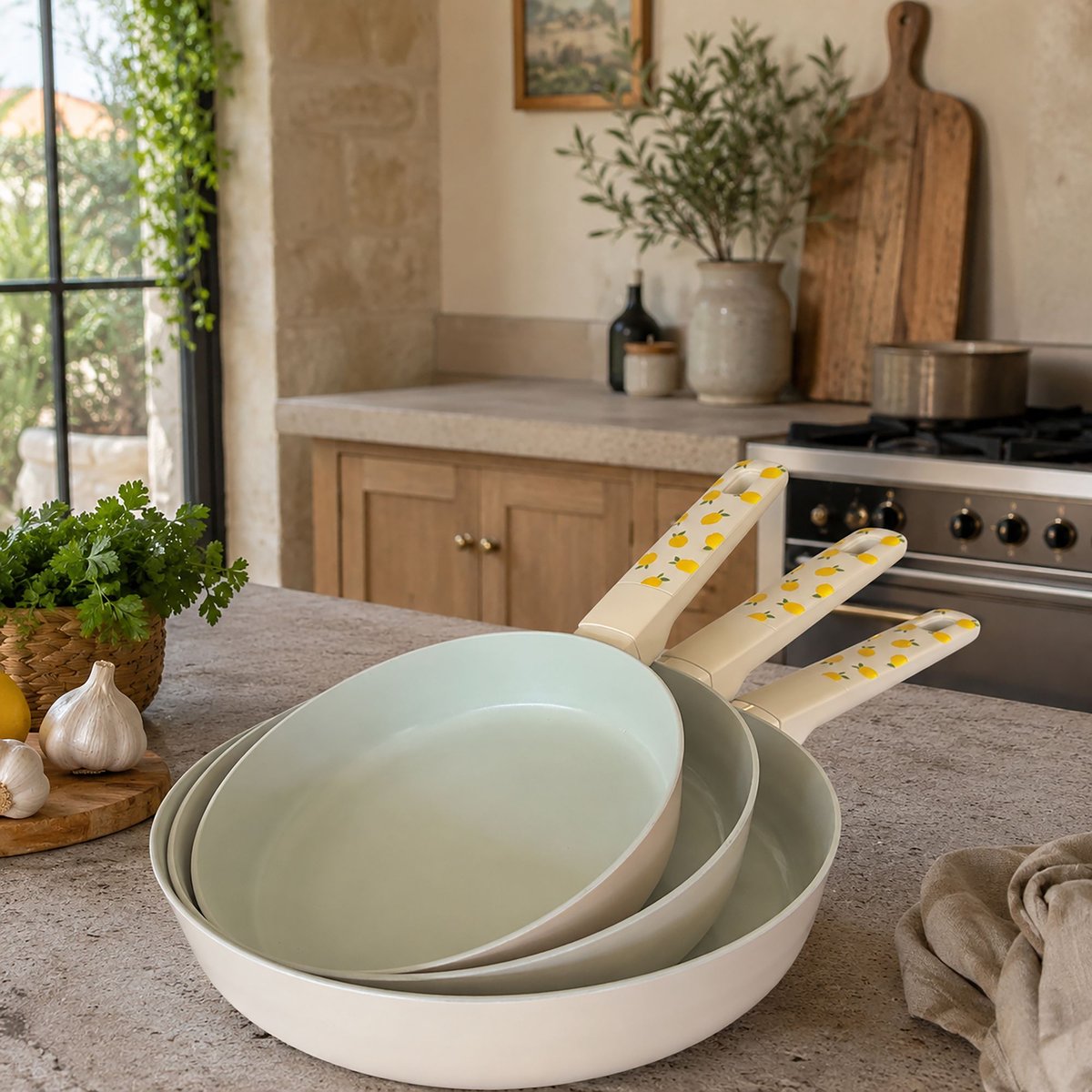 Lot de 3 poêles 20/24/28 cm en aluminium, CITRON beige-vert, MENASTYL