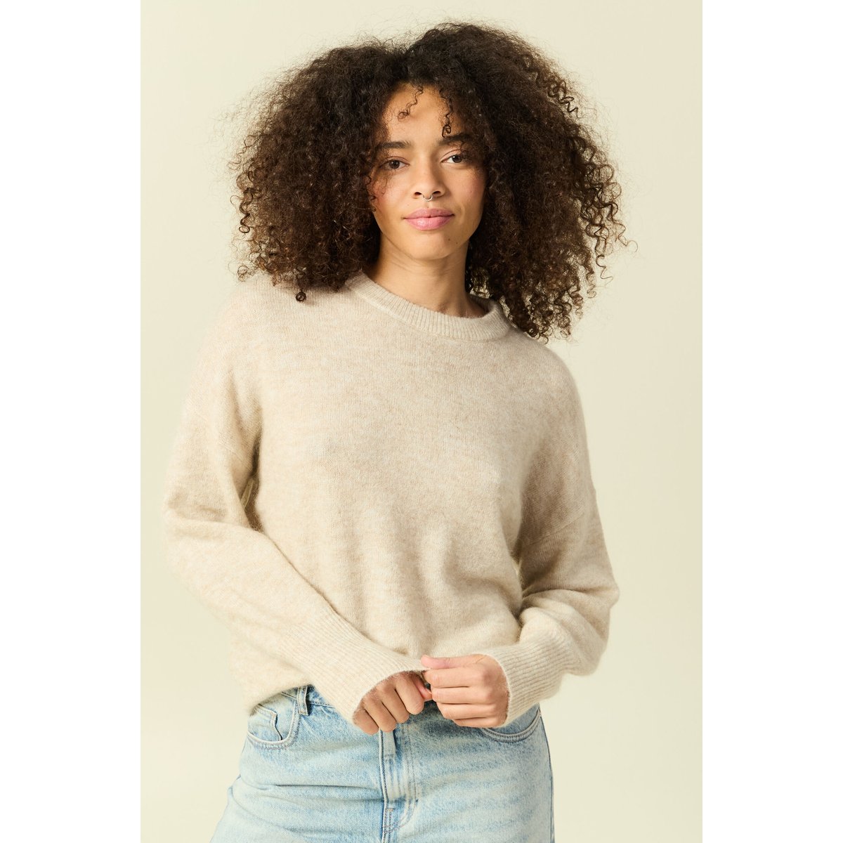 Pull col rond manches longues beige, BONOBO