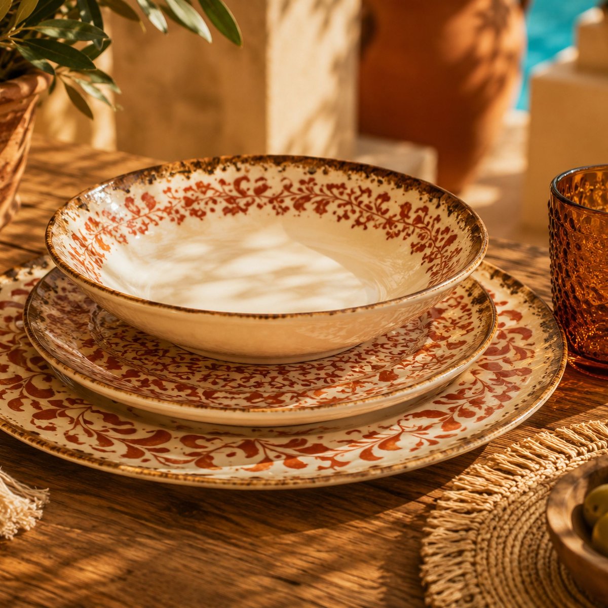 Lot de 6 assiettes plates 27cm en porcelaine, PALAZZO rouge, OGO LIVING
