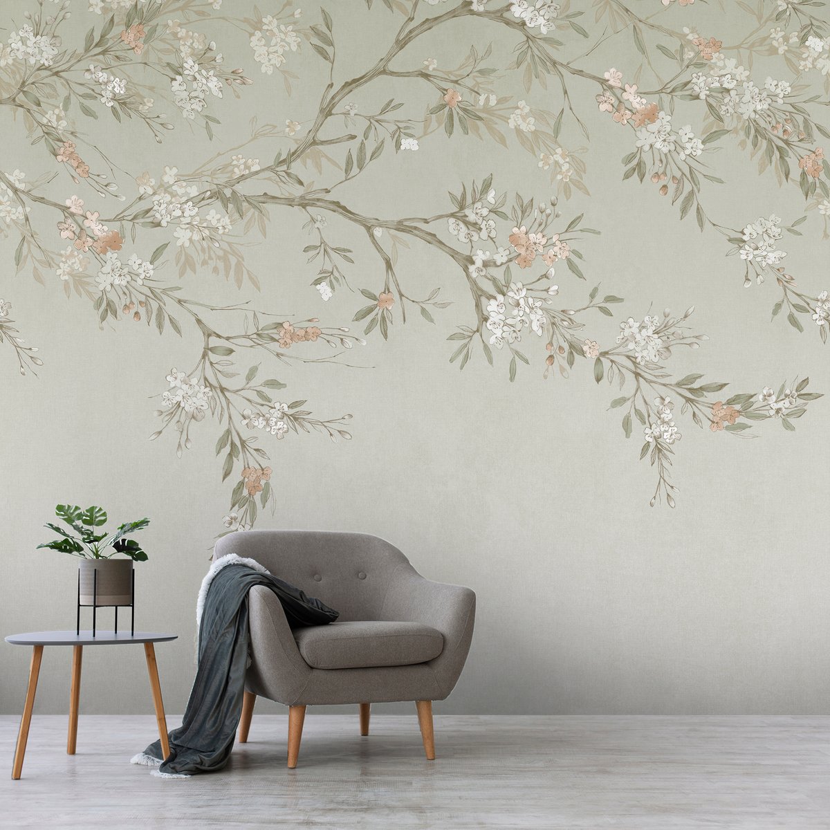Papier peint panoramique Branches fleuries vert sauge, beige, SUPERFRESCO EASY