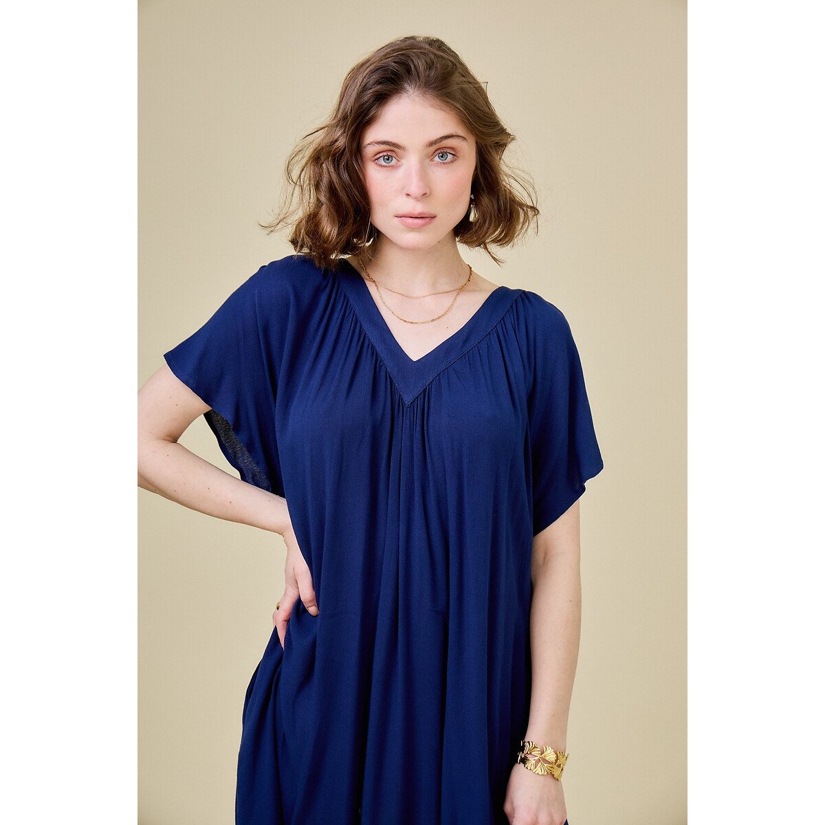 V-Neck Flared Dress navy blue, SEE U SOON