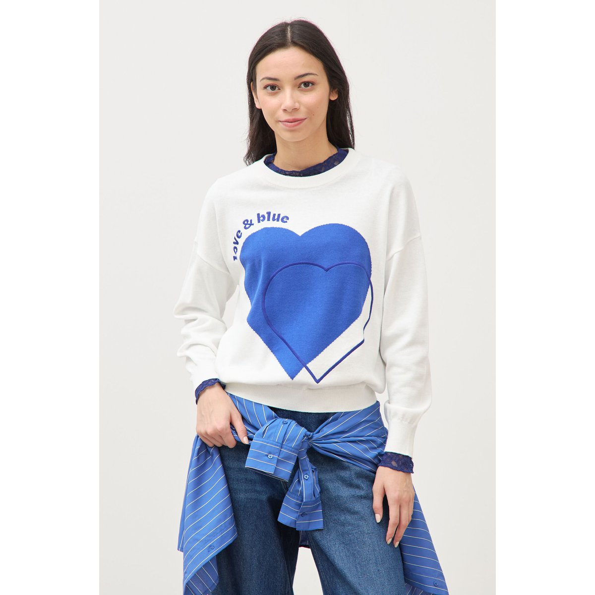 Pull oversize col rond manches longues ecru, BONOBO