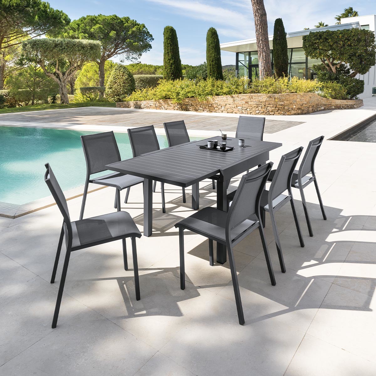 Table de jardin extensible 8 places PIAZZA gris graphite, HESPERIDE