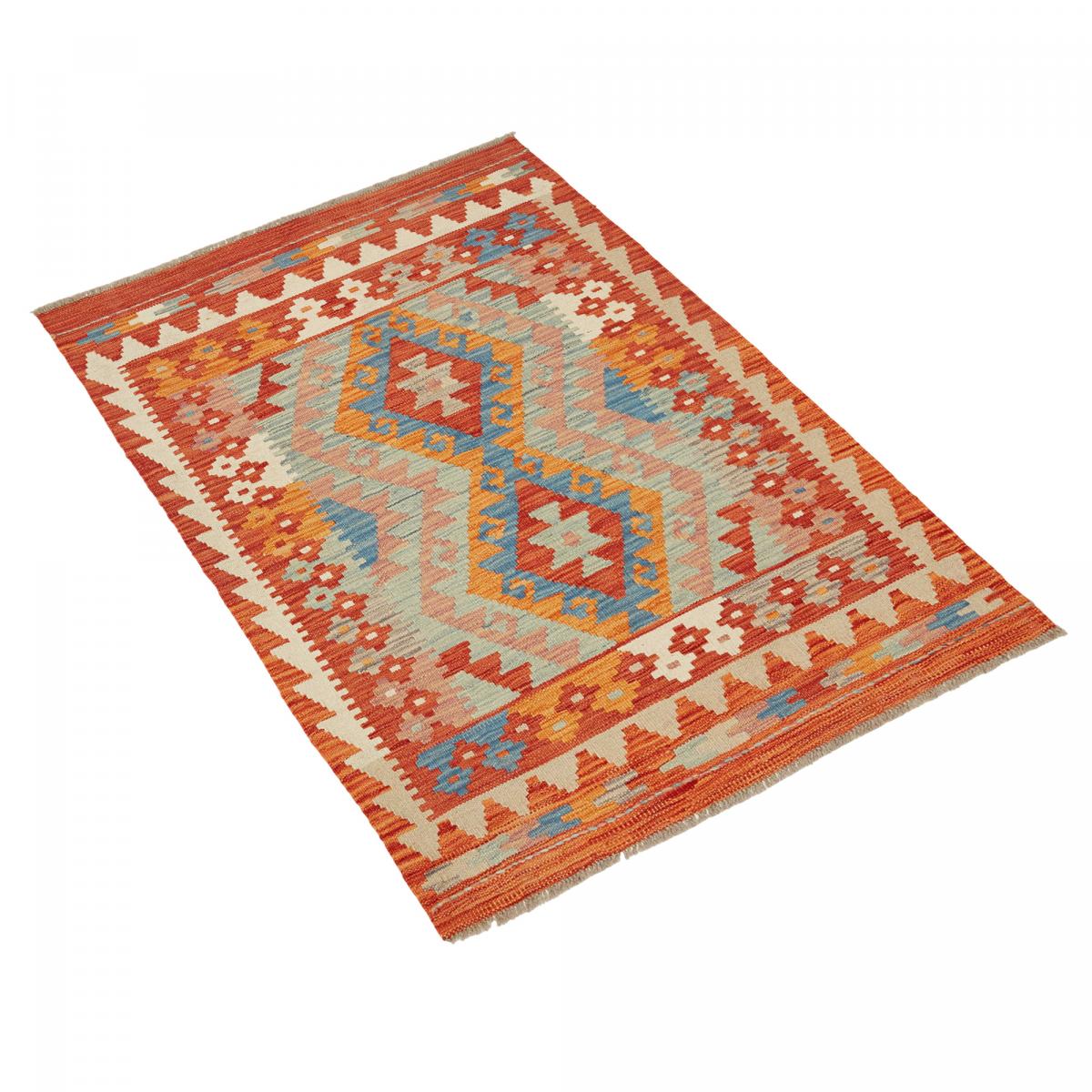 Tapis kilim au motif ethnique, tissé plat artisanal, KILIM 45 rouge, bleu, orange, UN AMOUR DE TAPIS