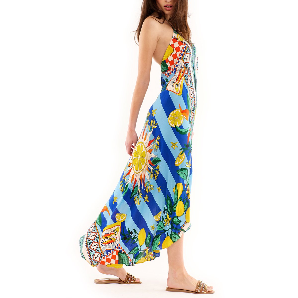 Robe de plage dos nu longue imprimé VOILA SICILY bleu, WILD