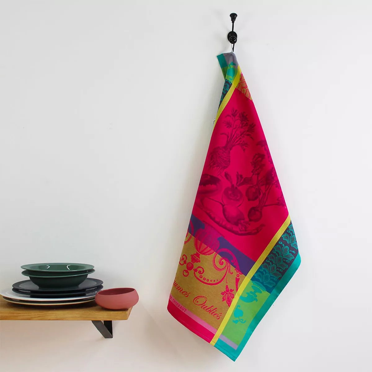Torchon pur coton LEGUMES OUBLIES fuchsia, GARNIER THIEBAUT