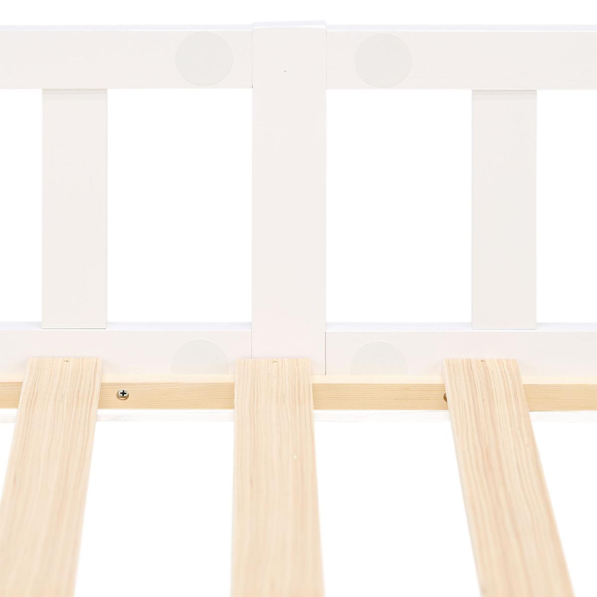 Lit enfant Montessori 90x200 cm blanc, bois massif, sommier, barrière, entrée réversible couleur unique, HOMESTYLE4U