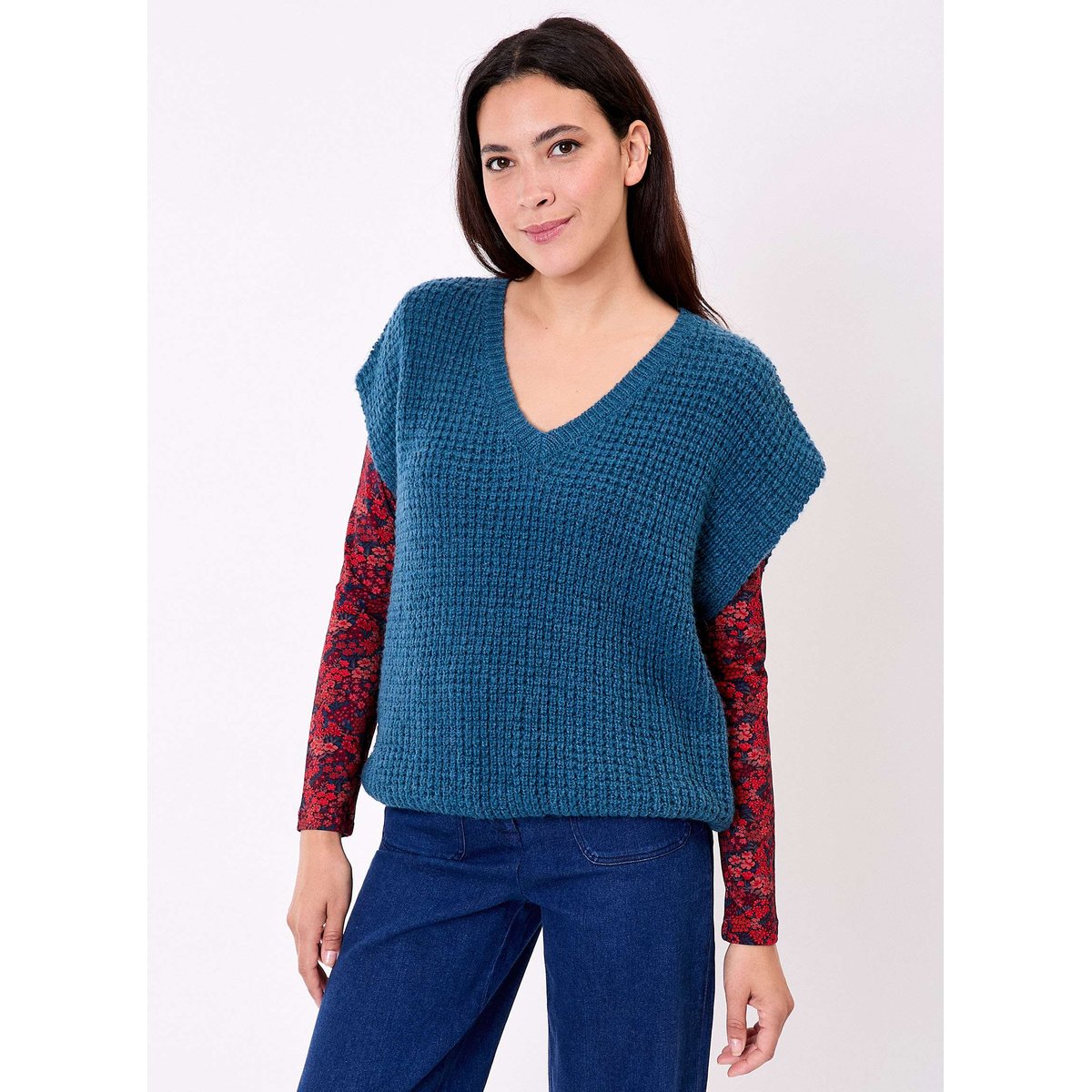 Pull sans manches maille fantaisie PASCALE bleu, PRINCESSE NOMADE