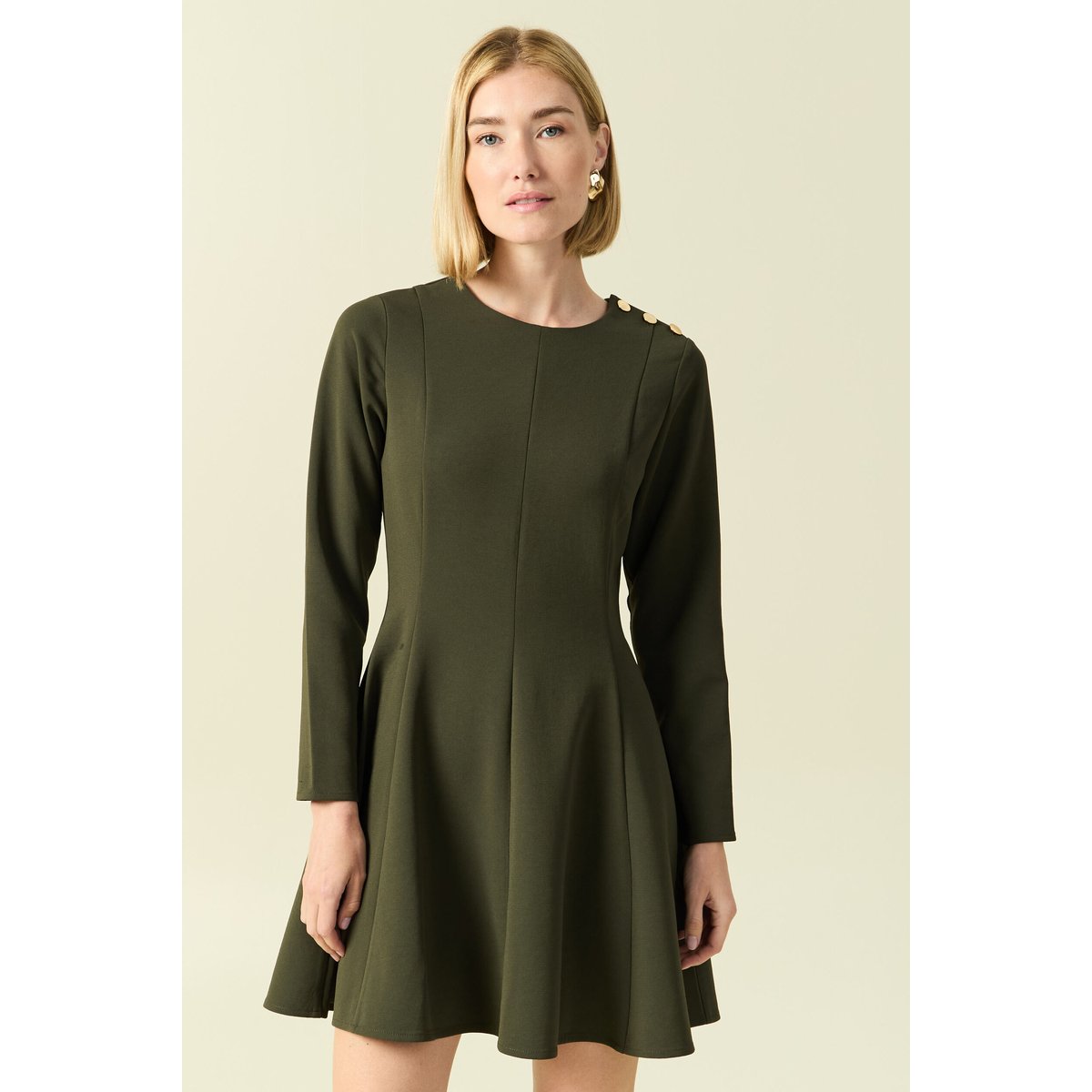 Robe fluide manches longues col rond vert kaki, BONOBO